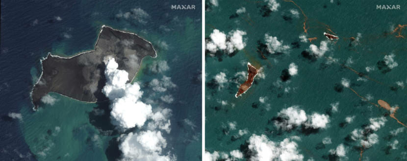 before-and-after satellite photos of he island of Hunga Tonga-Hunga Ha'apai. In the after photo, there is very little left.