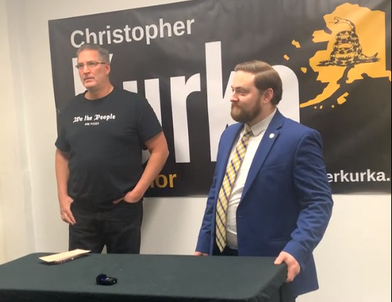 Paul Hueber, left, of Homer and candidate for governor Rep. Christopher Kurka attend Kurka's announcement of Hueber as his running mate in Wasilla, Alaska, on Jan. 31, 2022. (Screen capture from Kurka for Governor Facebook page)