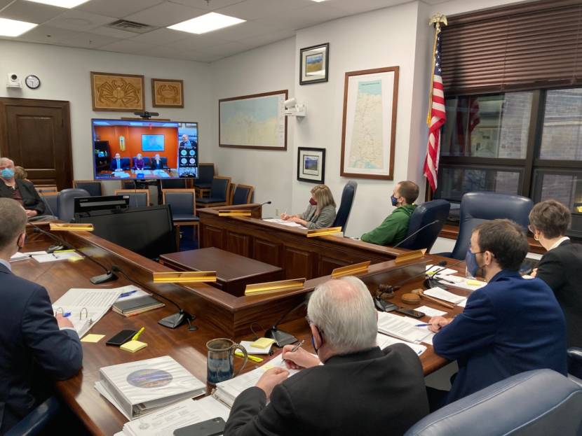 Members of the Alaska House Labor and Commerce Committee listen to U.S. Sen. Lisa Murkowski speak via teleconference. Murkowski, U.S. Sen. Dan Sullivan and U.S. Rep. Don Young, all Republicans, spoke about the new federal infrastructure law. (Photo by Andrew Kitchenman/KTOO and Alaska Public Media)