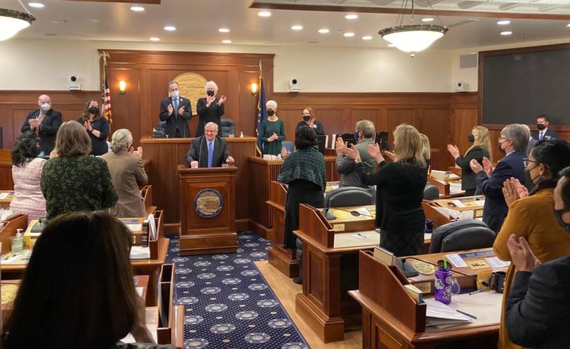 Alaska Supreme Court Chief Justice Daniel Winfree gives the annual State of the Judiciary address to the Legislature on Feb. 9, 2022, in the Alaska State Capitol in Juneau, Alaska. (Photo by Andrew Kitchenman/KTOO and Alaska Public Media)