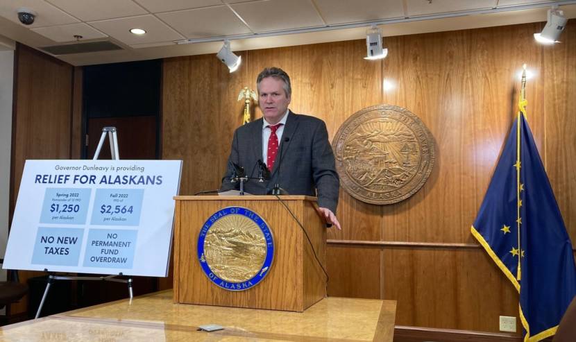 Alaska Gov. Mike Dunleavy urges the Legislature to pass his PFD and construction bond package bills during a news conference on Feb. 17, 2022 in the Alaska State Capitol. (Photo by Andrew Kitchenman/KTOO and Alaska Public Media)
