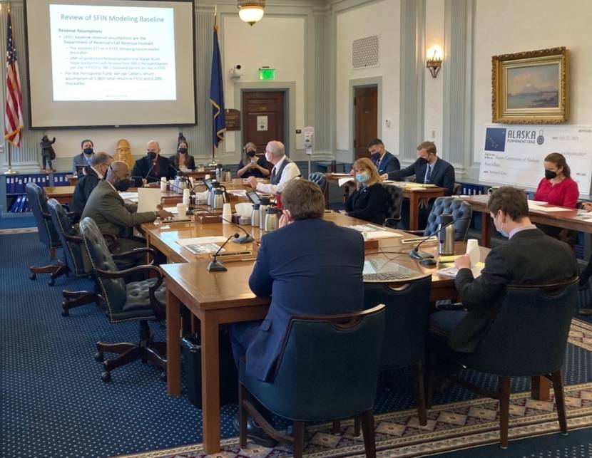 The Alaska Senate Finance Committee discusses bills that would change the formula for setting permanent fund dividends on Feb. 21, 2022, in the Alaska State Capitol. (Photo by Andrew Kitchenman/KTOO and Alaska Public Media)