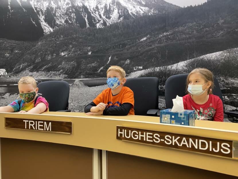 Second grade students from Diane Antaya's Harborview Elementary class pretend to be members of Juneau's assembly on Friday, Feb. 4, 2022.