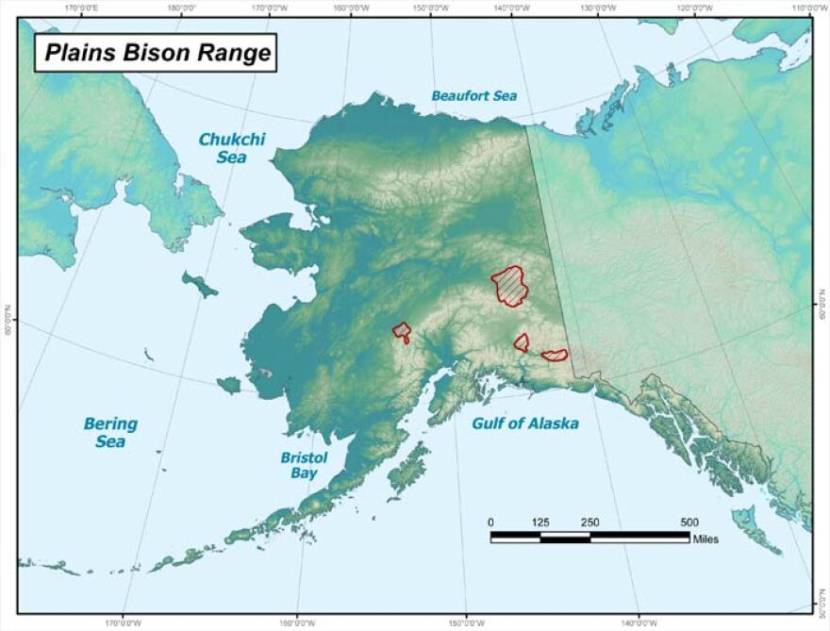 A map of Alaska showing the range of the bison