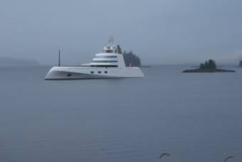 An extravagant white yacht off the Alaska coast