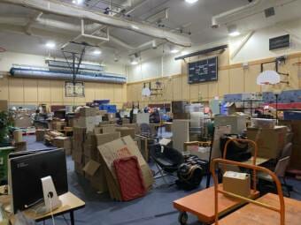 The gym at Riverbend Elementary School is being used to store items saved from classrooms after the school flooded in January