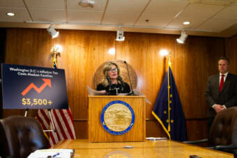 Commissioner of the Department of Revenue Lucinda Mahoney talks about the declining value of the state government's Russian assets as Gov. Mike Dunleavy listens on March 8, 20222, in the Alaska State Capitol in Juneau, Alaska. (Photo by Olivia Ebertz/KYUK)