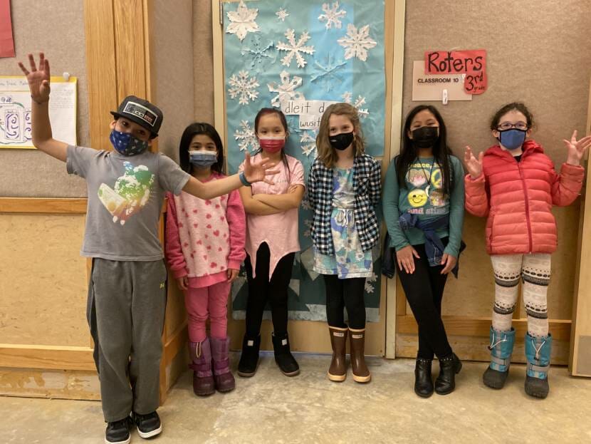 Riverbend Elementary School students Jet Duskin, Zaylee Helge, McKayla Paul, Edalynne Roters, Sophia Yadao and Alexandria Torba pose in front of a classroom on Feb. 28, 2022.