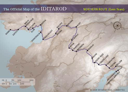 A map showing the Iditarod course to Nome
