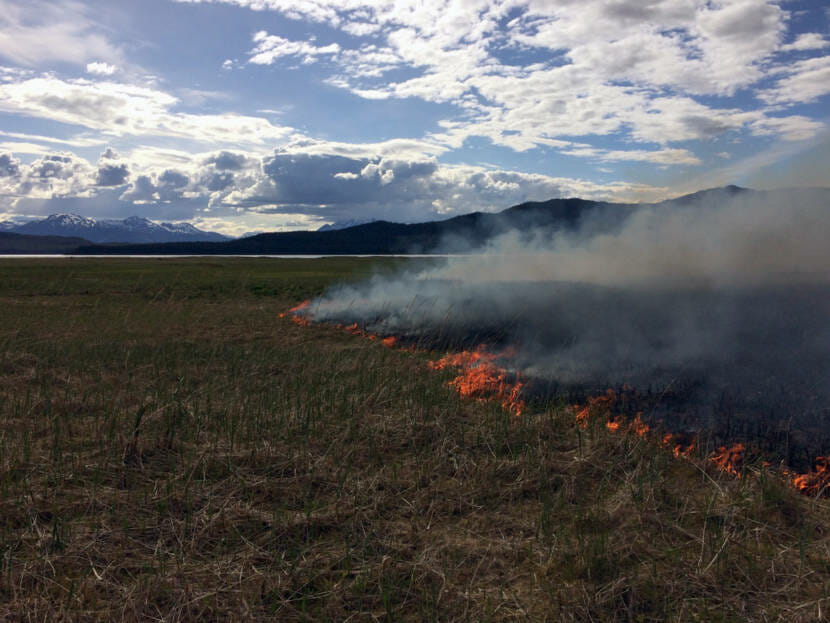 A fire burns through dry vegetation with snow-covered peaks in the background