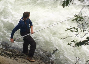 A man with a dipnet next to a river
