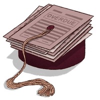 An illustration of a graduation cap, with the flat part made out of bills marked "overdue."