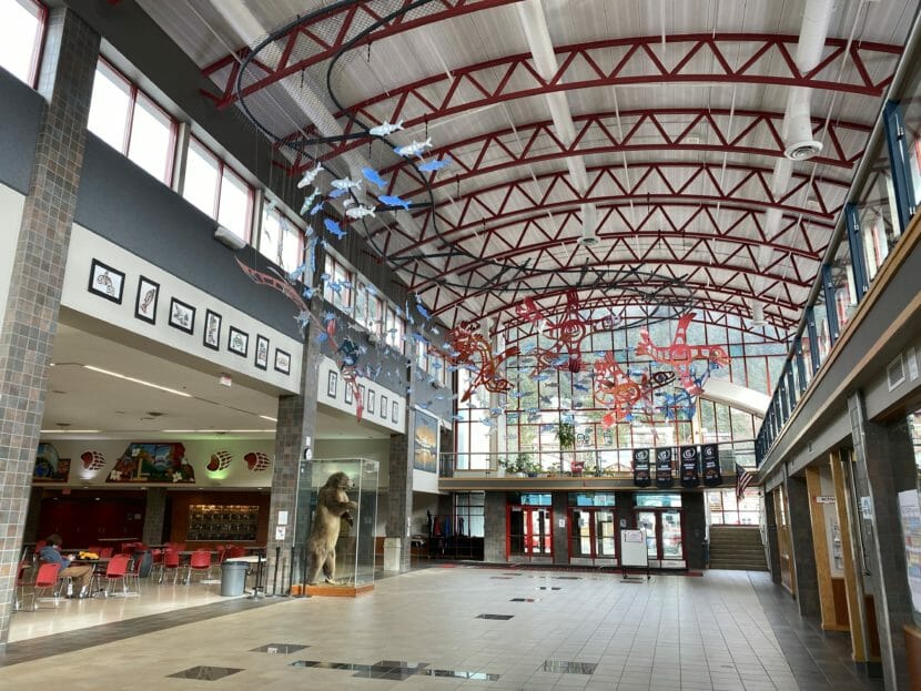 Photo of the inside of the main entrance at Juneau Douglas High School Yadaa.at Kalé.