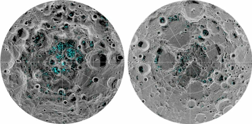 Two images of the moon with small green patches indicating the presence of water or ice
