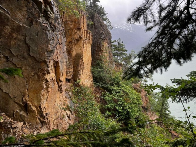 A steep cliffside of fractured, brown rocks high above the water.