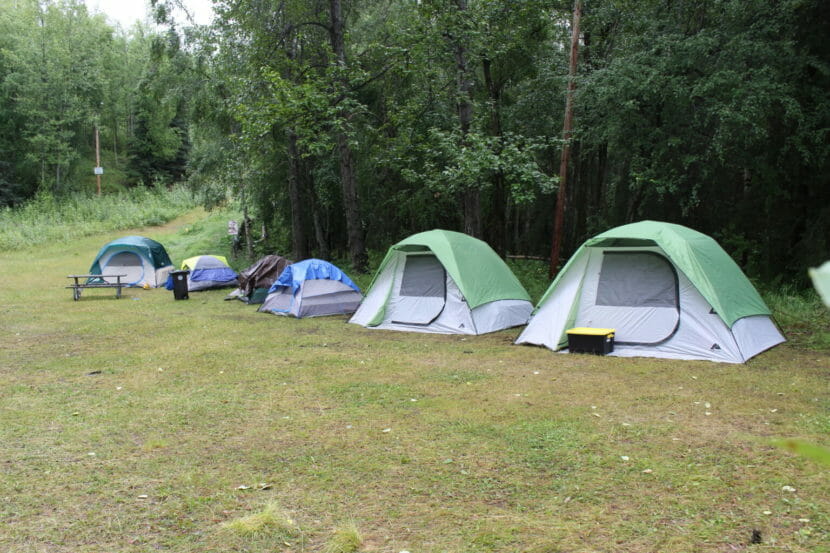 A row of tents neatly lined up in a clearing