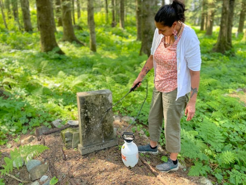 A woman sprays water on a tombstone in a forest