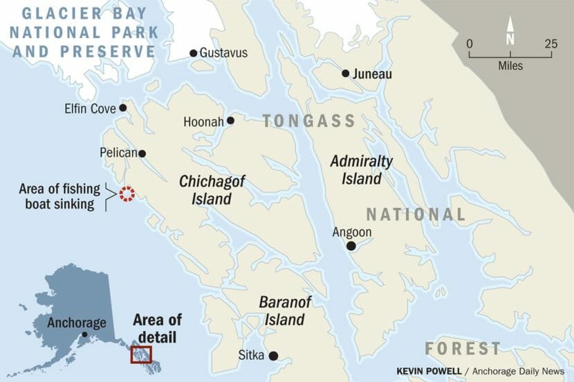 A map of Southeast Alaska showing the area of the sinking