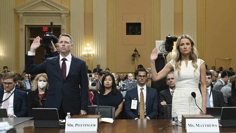 A man and a woman, hands raised, being sworn in by the committee