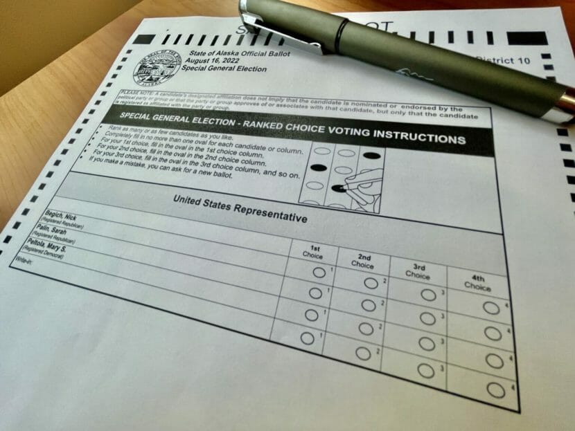A photo of a sample ballot for Alaska's 2022 special election