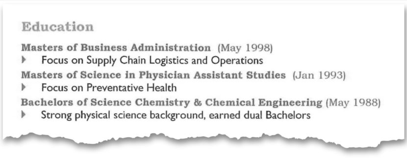 Screenshot of the education portion of a resume featuring two master's degrees