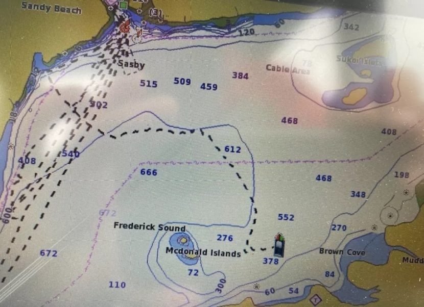A map showing a boat's course most of the way across Frederick Sound
