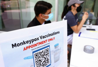 A sign advertising appointments for the monkeypox vaccine