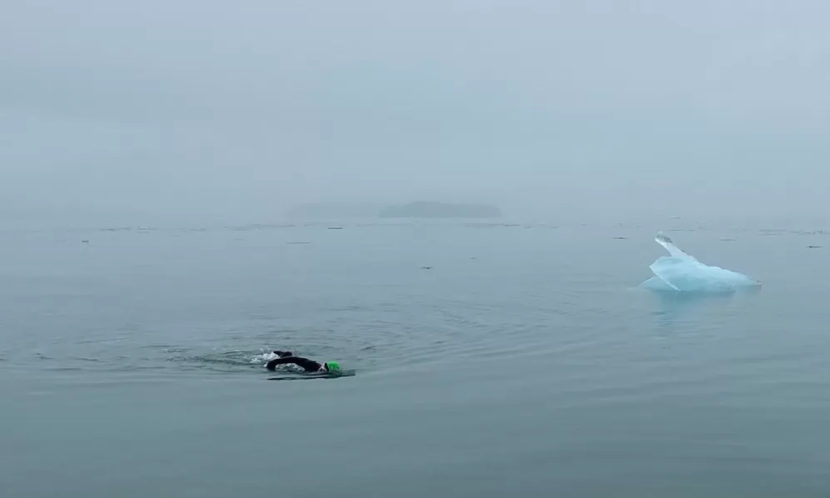 A man in a wetsuit swimming past a chunk of ice