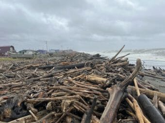 Broken wood piled up along a battered coast