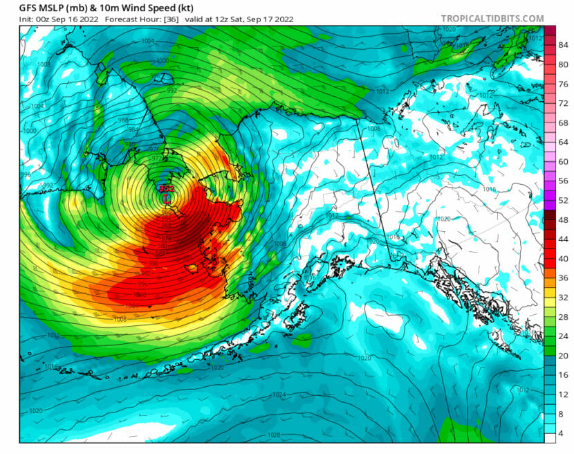 A storm tracking map showing an intense red area covering most of the Bering Sea