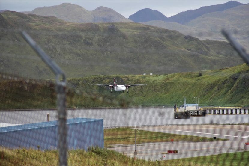 A turbo prop about to land in Unalaska