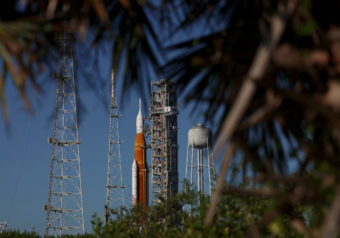 A rocket on a launch pad, seen through foliage