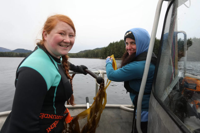 Two women in a boat, one of them holding some kelp
