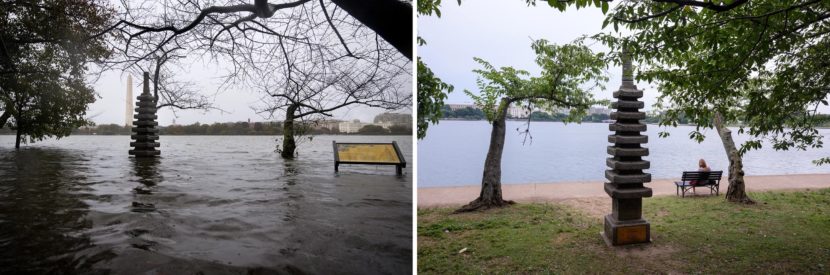 Two photos of the same area in a park by the Potomac: in one photo, the area is flooded