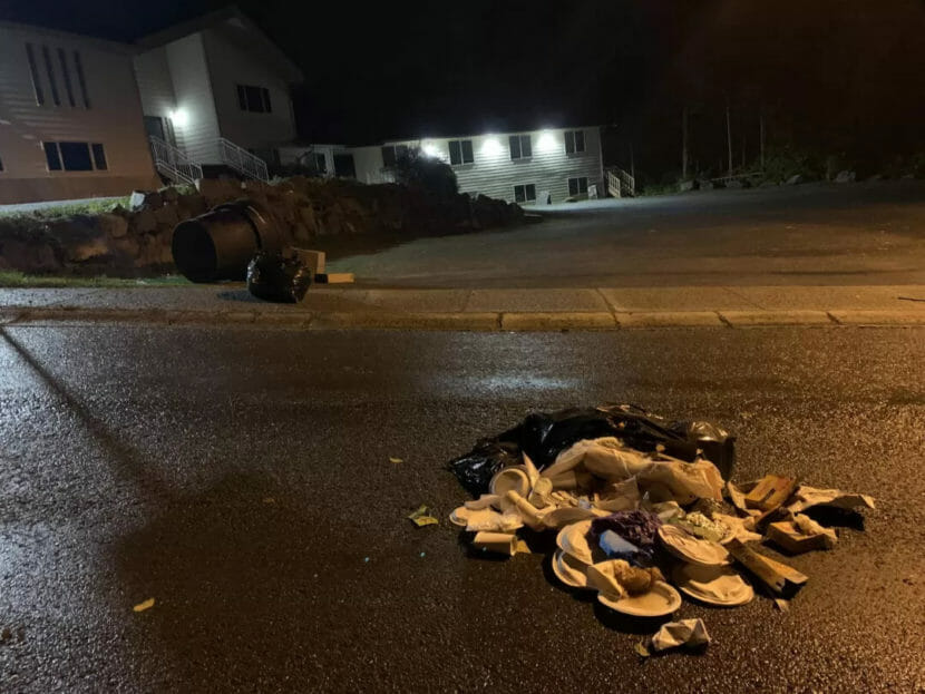 A nighttime photo of a pile of trash lying on a street with tipped-over trash cans in the background.
