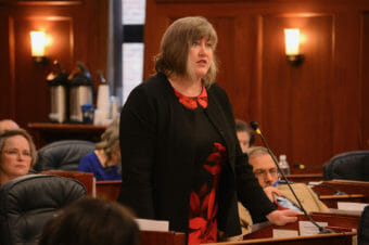 A woman stands to speak on the House floor at the Alaska Capitol