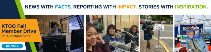 A graphic that shows KTOO employees and volunteer producers working behind the scenes. The graphic reads news with facts. Reporting with impact. stories with inspiration.
