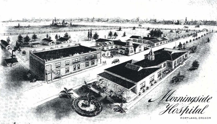 A black and white illustration of a sanitarium campus