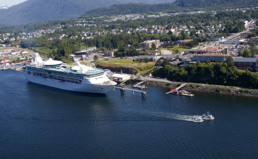 An aerial photo of a cruise ship in Prince Rupert.