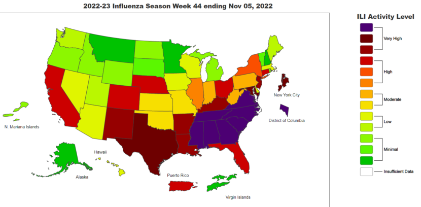 A map showing flu rates across the United States