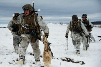 Soldiers in winter camo trudging through the snow.