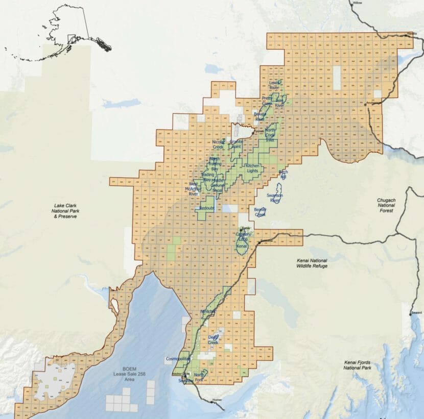 A map of the Cook Inlet region showing the area covered by the lease sale, which extends all the way north to Wasilla.