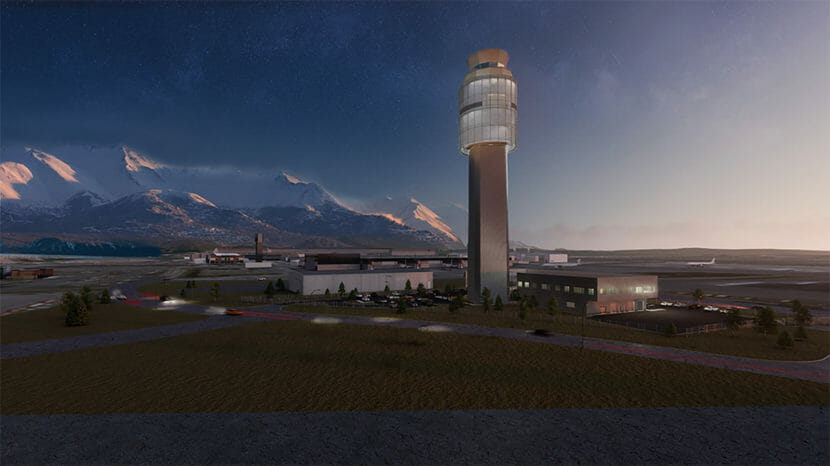 An illustration of a control tower with snowy mountains in the background.