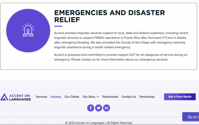 A screenshot from the Accent on Languages website advertising the company's services for disaster relief situations.