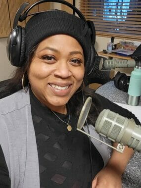 Culture Rich Conversations Host Christina Michelle at the mic in Studio 2K at KTOO(Cheryl Snyder/KTOO)