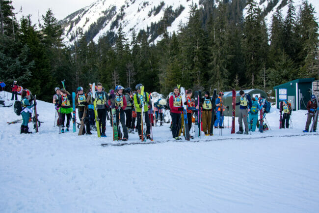 Racers at the starting line for the Juneau Skimo Race or "Powderkeg."
<i>(Photo credit: Dea Huff)</i>
