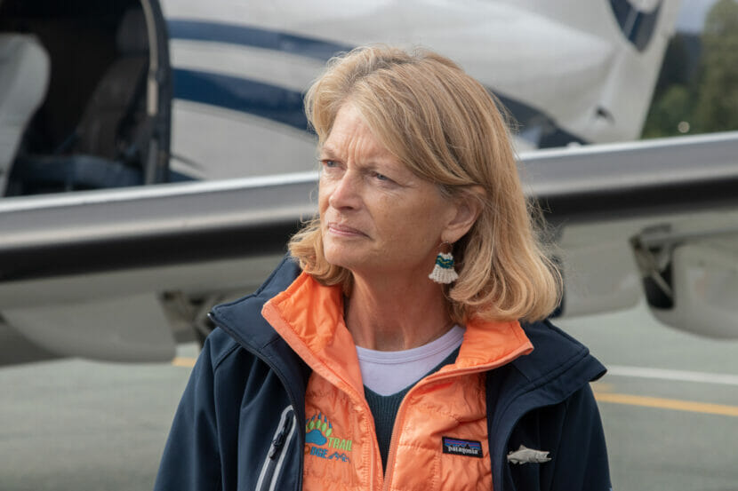 U.S. Senator Lisa Murkowski, R-Alaska, speaks with reporters at the Juneau International Airport on Wednesday August 16th, 2023 (Mikko Wilson/KTOO)