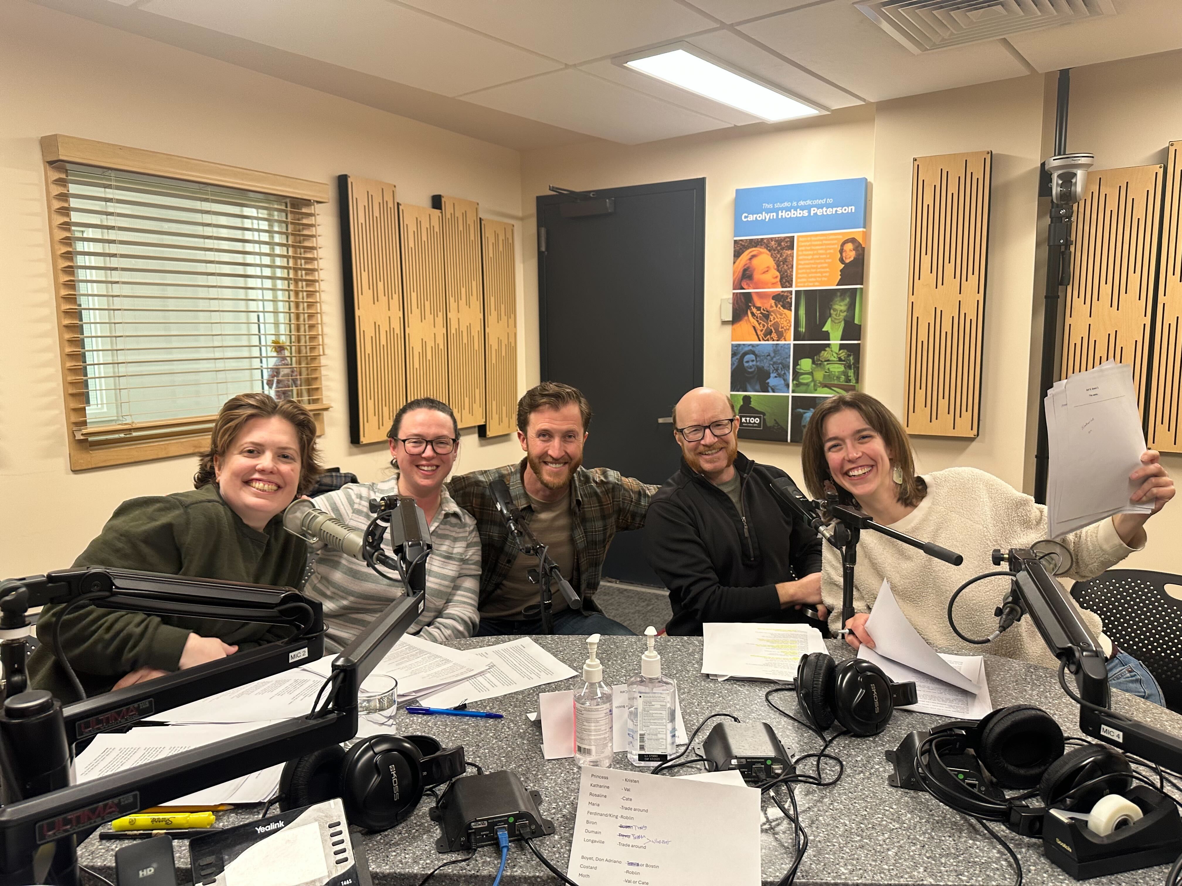 Juneau Ghost Light Roundtable Readings with actors (from left to right) Kristen Rankin, Cate Ross, Travis Clark Morris, Roblin Gray Davis, and Valerie Kissel on Juneau Afternoon, December 18, 2024. (Bostin Christopher/KTOO)