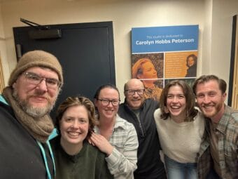 Juneau Ghost Light Roundtable Readings with actors (from left to right) Host Bostin Christopher, Kristen Rankin, Cate Ross, Roblin Gray Davis, Valerie Kissel, and Travis Clark Morris on Juneau Afternoon, December 18, 2024. (Bostin Christopher/KTOO)