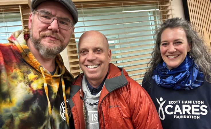 Gold medalist Scott Hamilton (middle) with Lauren Anderson (right) and Host Bostin Christopher (left) (Bostin Christopher/KTOO)